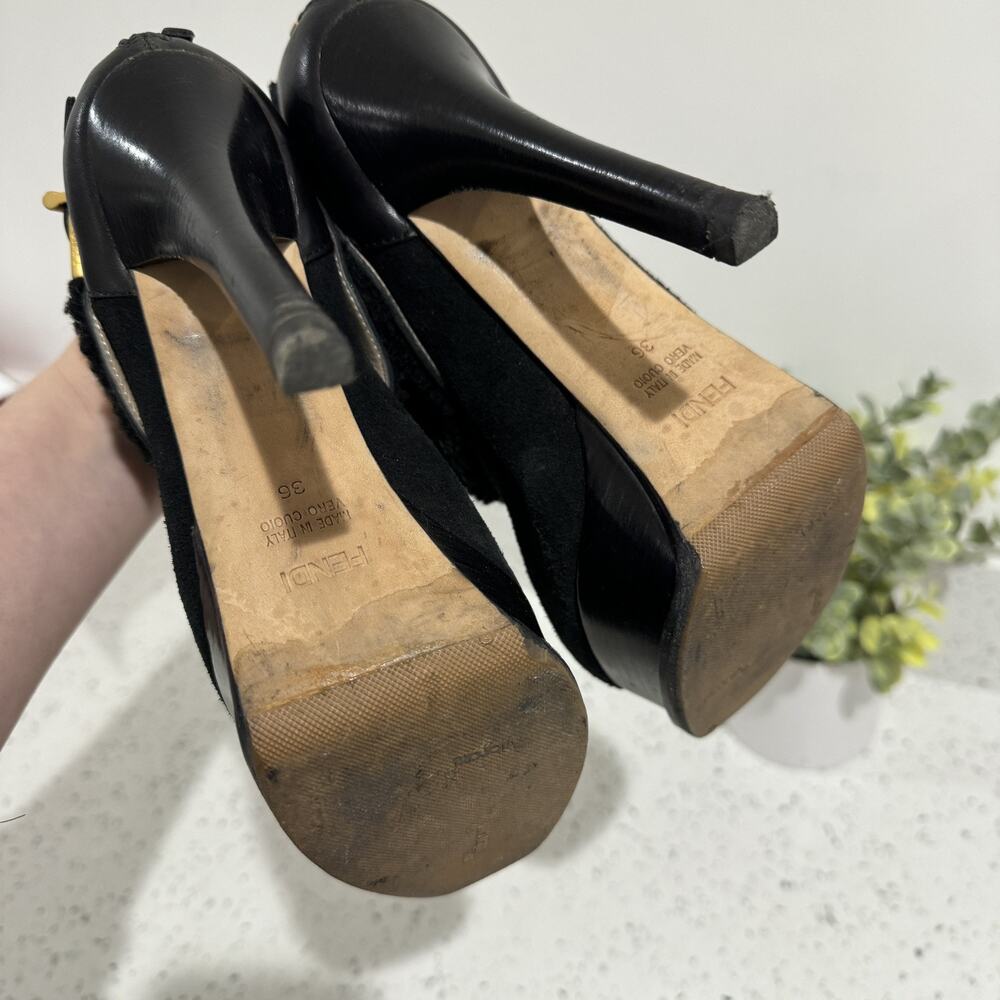 Fendi FF Black Fendista Shearling Fur Suede Buckled Platform Ankle Boots LS 36 - Picture 7 of 8
